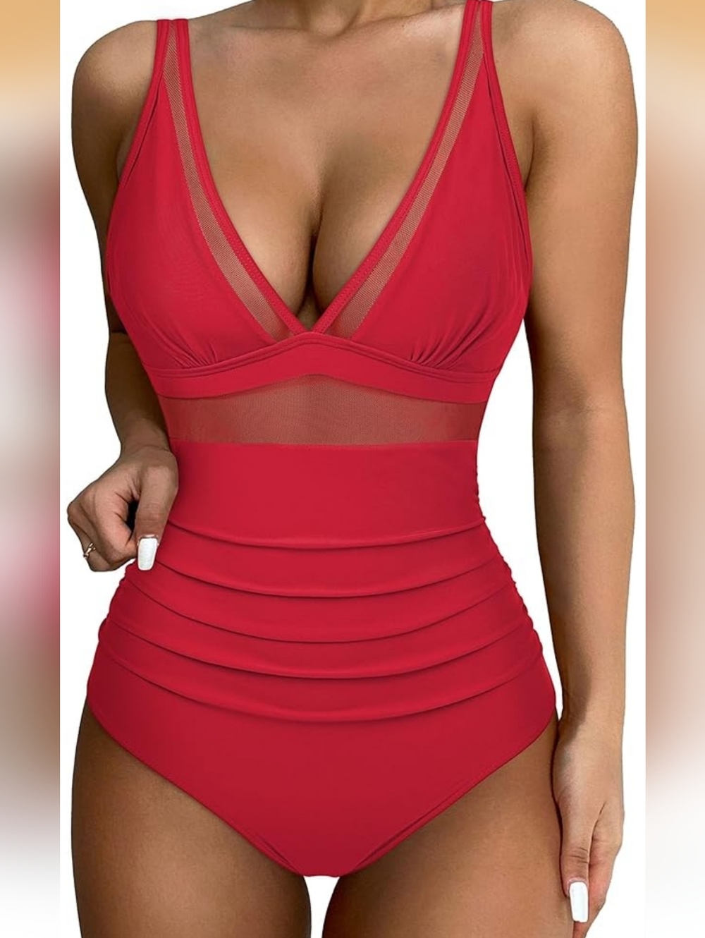 Red V-Neck Ruched One-Piece Swimsuit - Women Swim